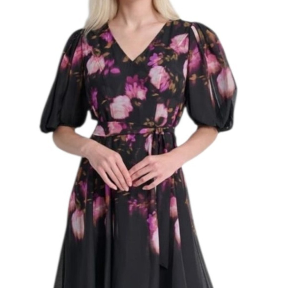 Dkny Floral Black and Pink Balloon Sleeve Tie Waist Surplice Dress Plus‎ Size 20